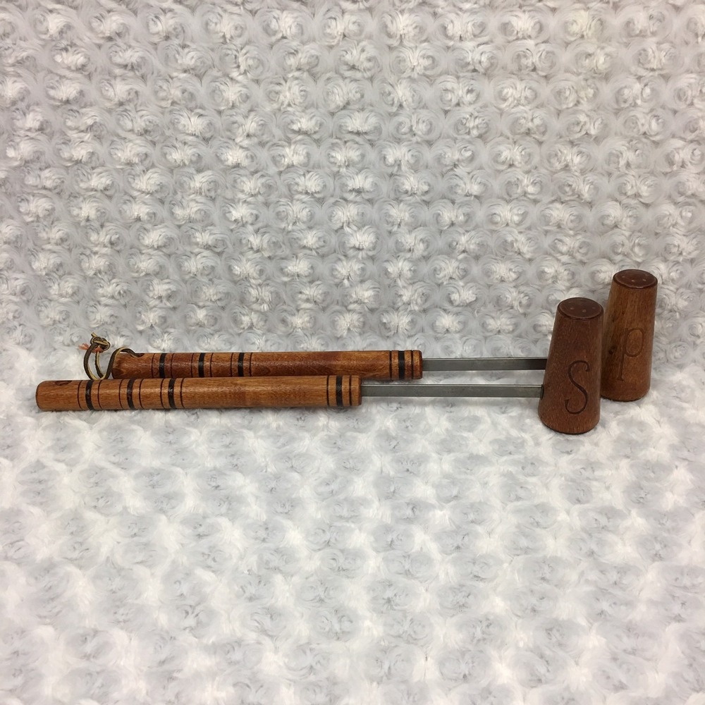 Wooden Salt and Pepper Shaker w Long Handle Brown Vtg Camping Fire Collectible